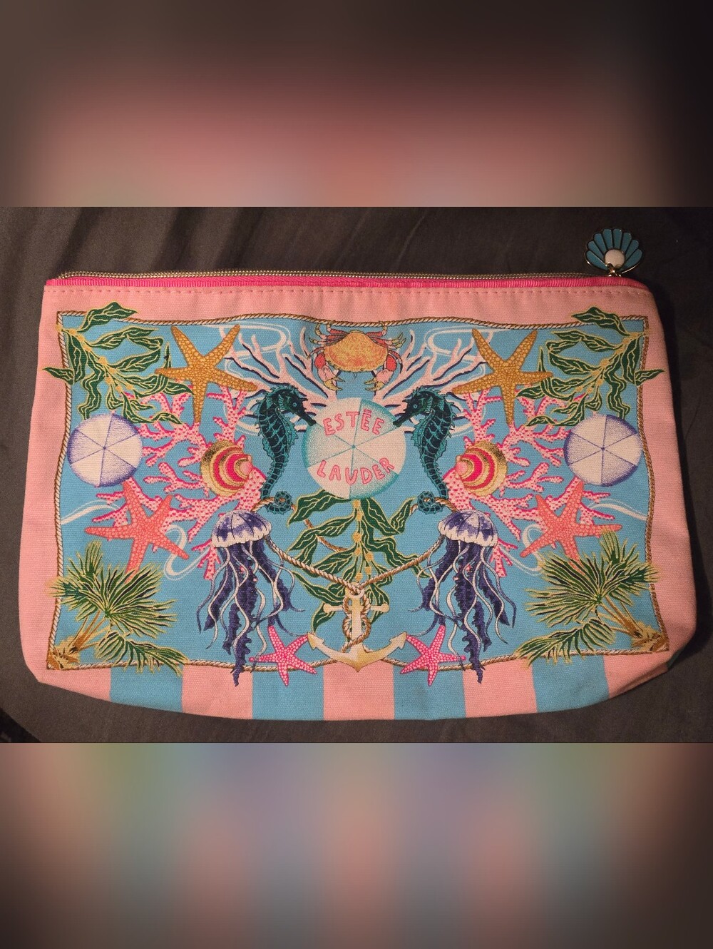 GUC Estée Lauder Coastal Tropical Sea Life Makeup Cosmetic Bag Pouch Pink Stripe